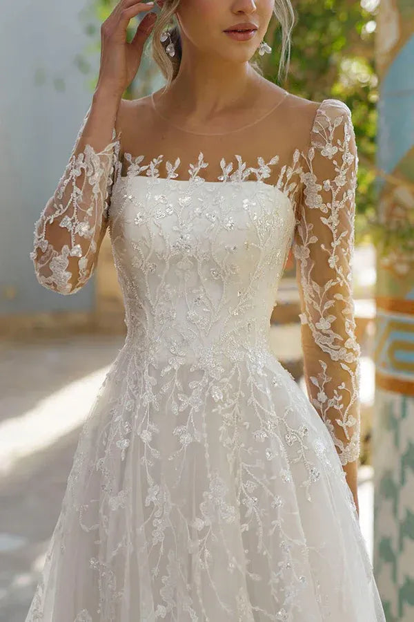Romantic Illusion Square Neck Long Sleeve Lace A-Line Wedding Dress