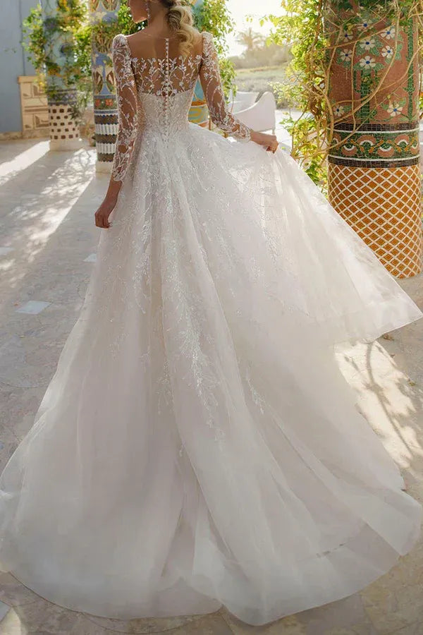 Romantic Illusion Square Neck Long Sleeve Lace A-Line Wedding Dress
