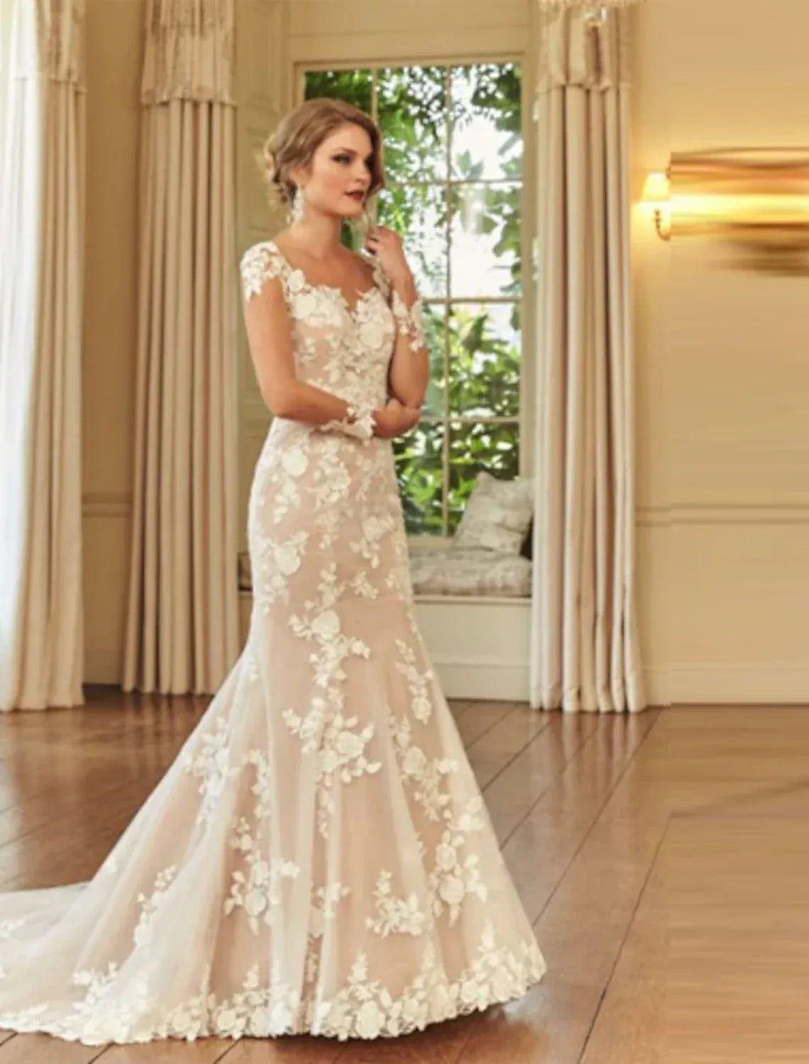Romantic Mermaid Cap Sleeve 3D Floral Lace Champagne Lining Button Back Train Wedding Dress