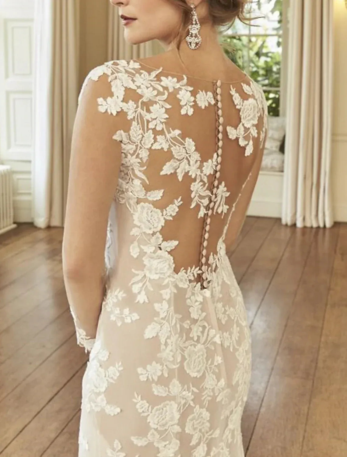 Romantic Mermaid Cap Sleeve 3D Floral Lace Champagne Lining Button Back Train Wedding Dress