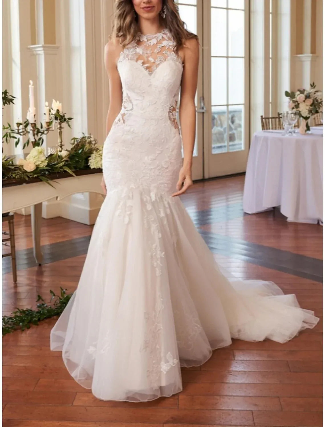 Romantic Mermaid High Neck Sleeveless 3D Floral Lace Illusion Low Back Tulle Chapel Train Wedding Dress