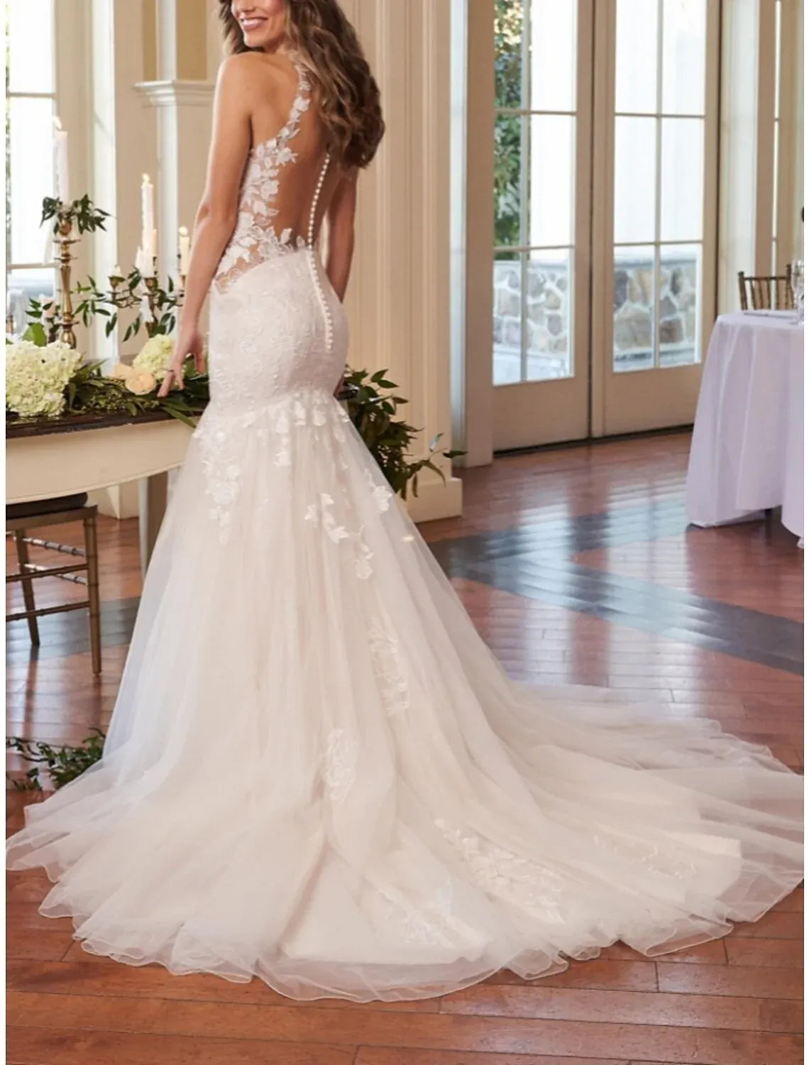 Romantic Mermaid High Neck Sleeveless 3D Floral Lace Illusion Low Back Tulle Chapel Train Wedding Dress
