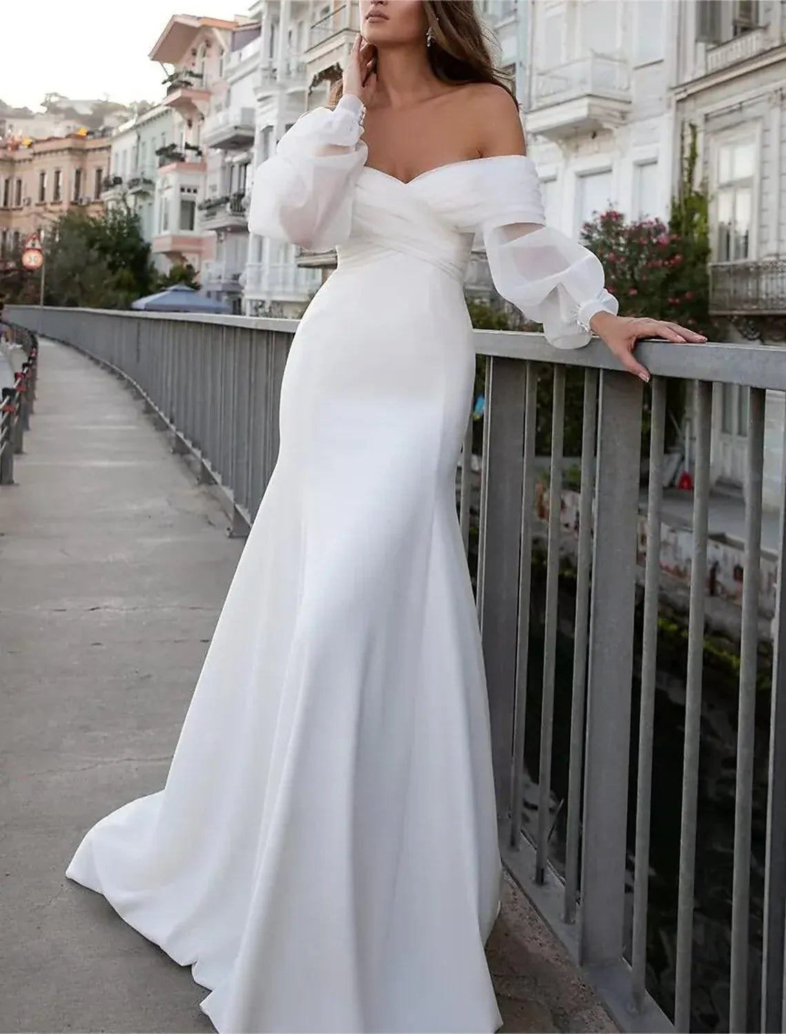 Romantic Mermaid Off Shoulder Puff Sleeve Plain Back Train Wedding Dress