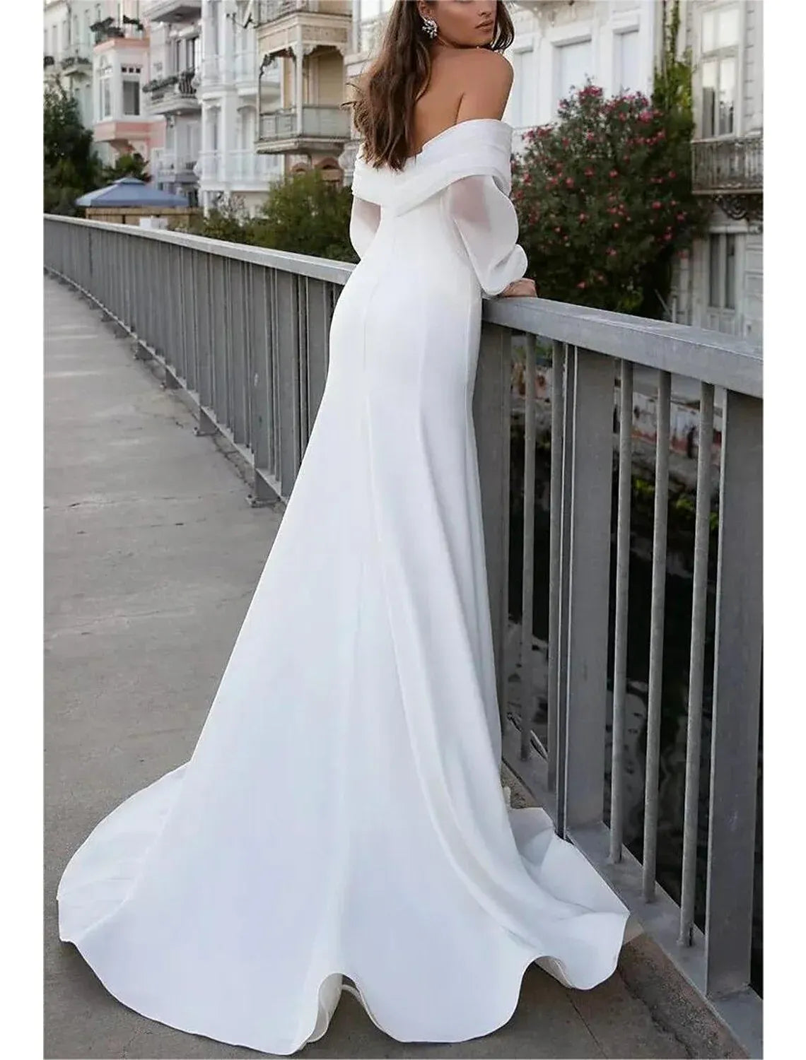 Romantic Mermaid Off Shoulder Puff Sleeve Plain Back Train Wedding Dress
