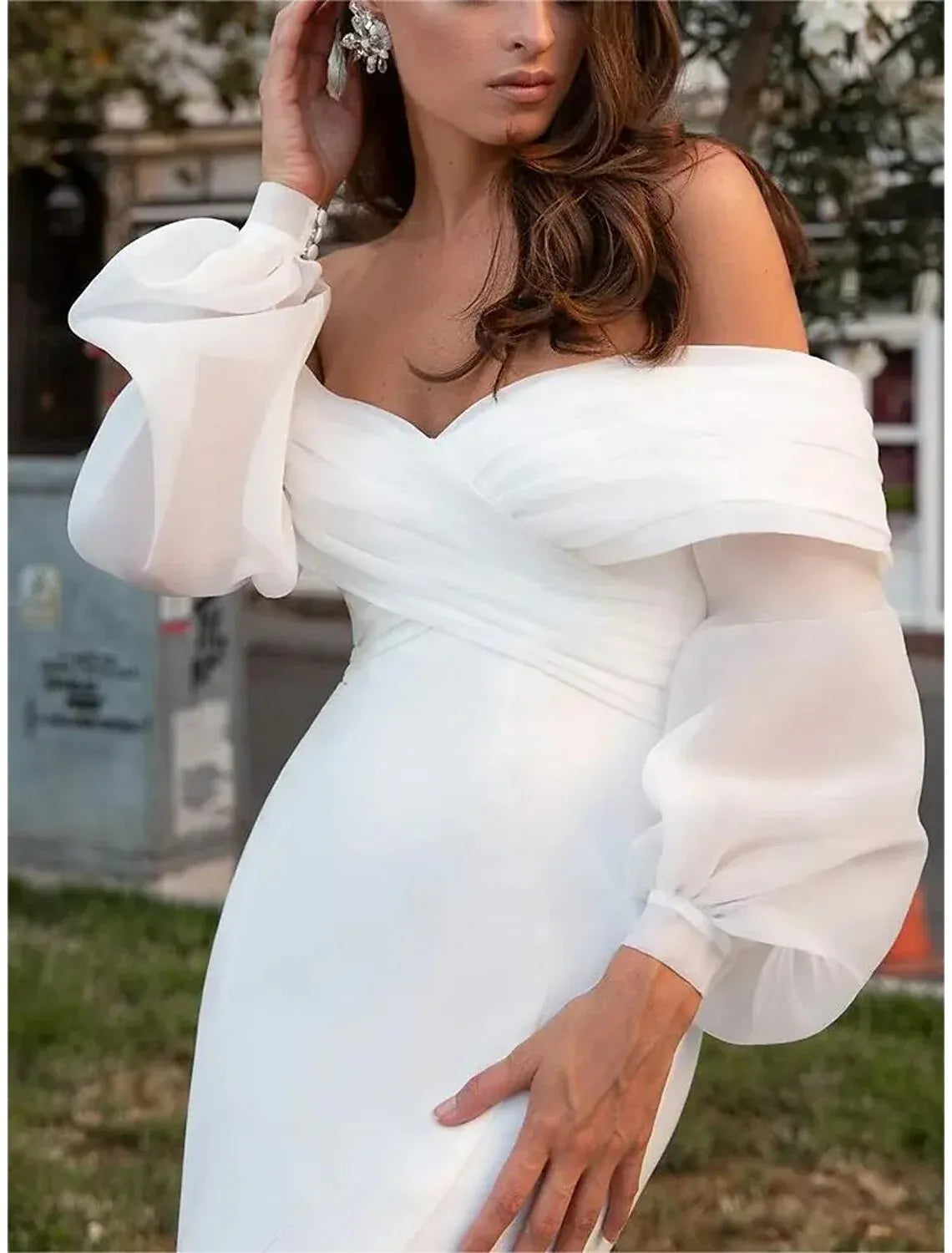 Romantic Mermaid Off Shoulder Puff Sleeve Plain Back Train Wedding Dress