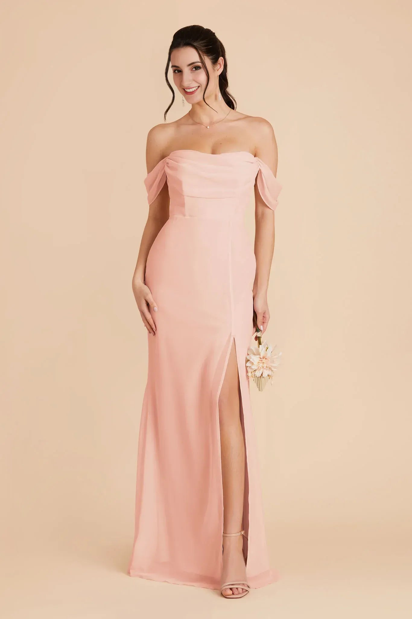 Romantic Mermaid Off Shoulder Short Sleeve Cowl Back Floor Length Wedding Bridesmaid Dress