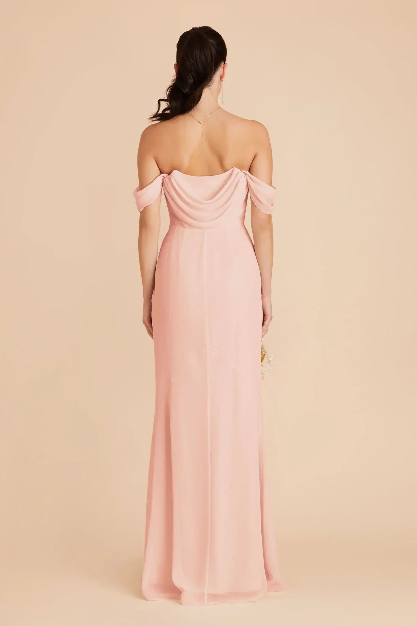 Romantic Mermaid Off Shoulder Short Sleeve Cowl Back Floor Length Wedding Bridesmaid Dress
