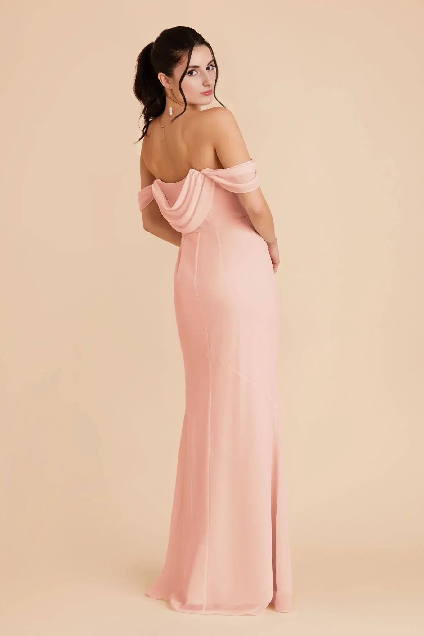 Romantic Mermaid Off Shoulder Short Sleeve Cowl Back Floor Length Wedding Bridesmaid Dress