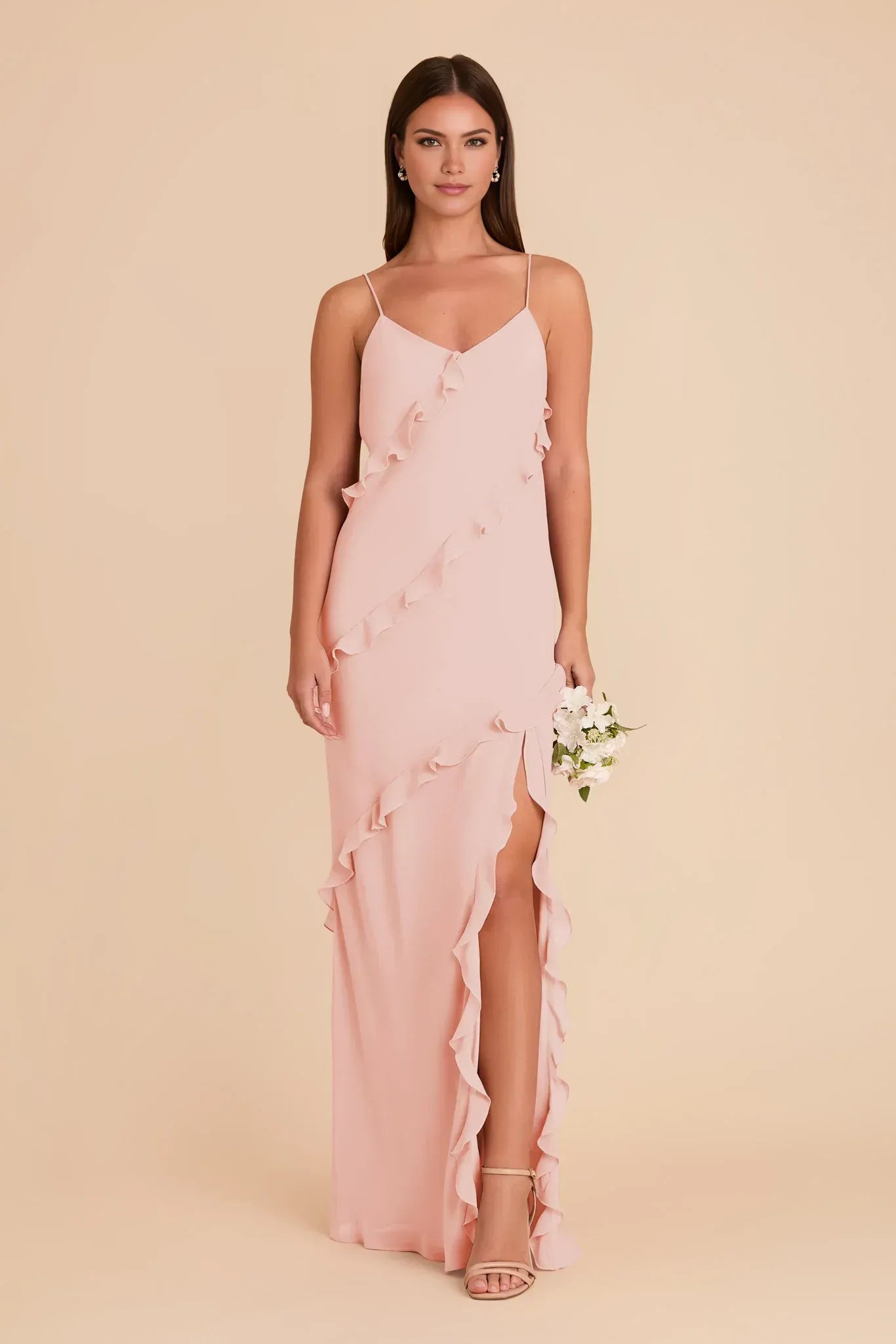 Romantic Mermaid V Neck Spaghetti Strap Asymmetrical Ruffle Back Floor Length Wedding Bridesmaid Dress