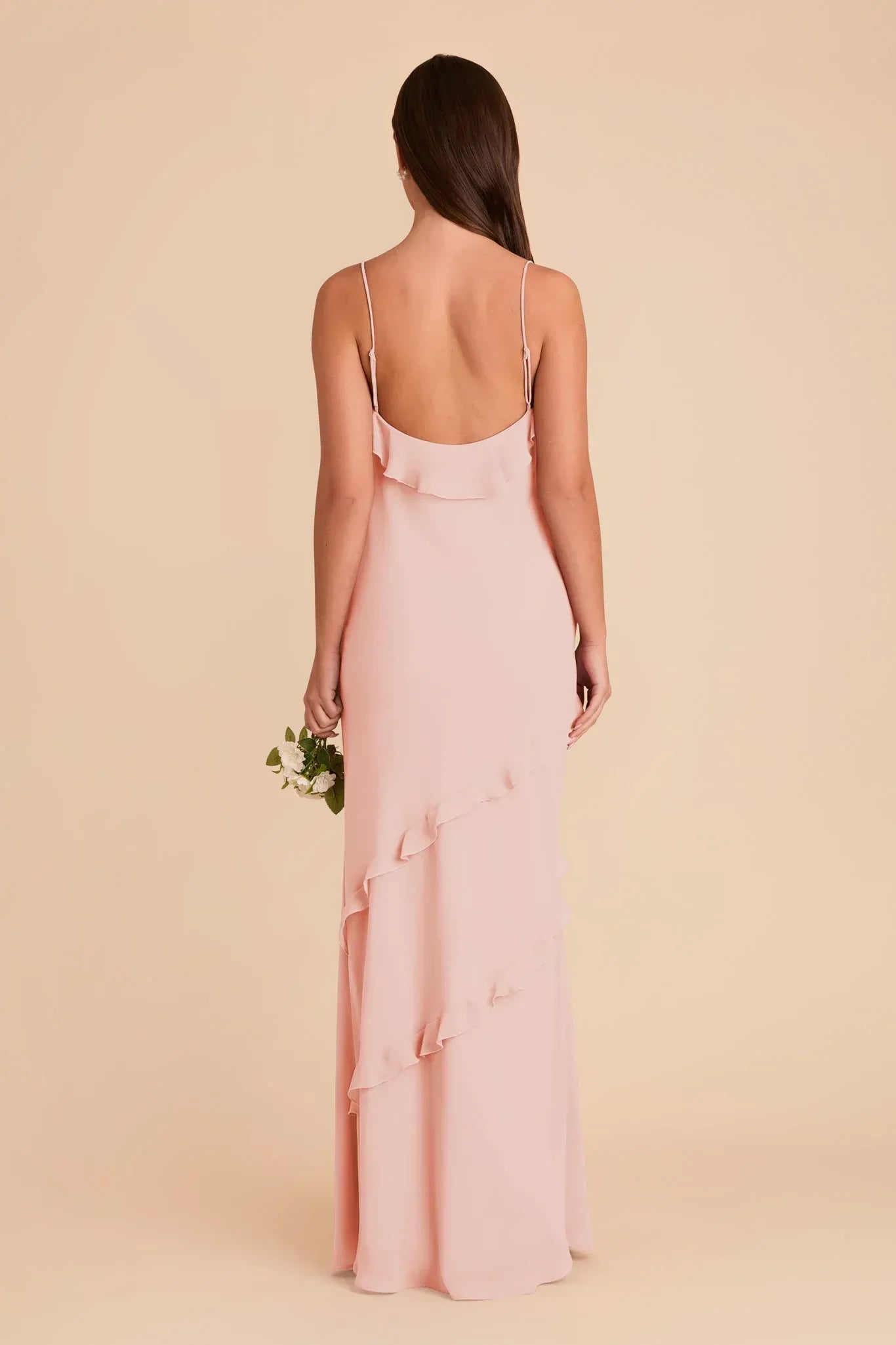 Romantic Mermaid V Neck Spaghetti Strap Asymmetrical Ruffle Back Floor Length Wedding Bridesmaid Dress