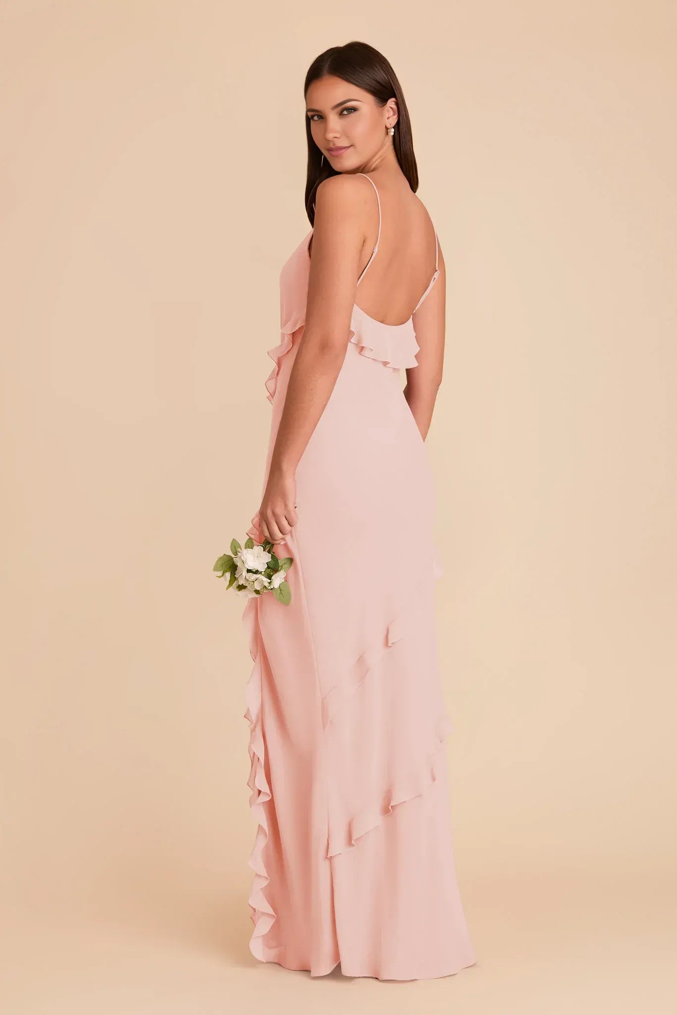 Romantic Mermaid V Neck Spaghetti Strap Asymmetrical Ruffle Back Floor Length Wedding Bridesmaid Dress