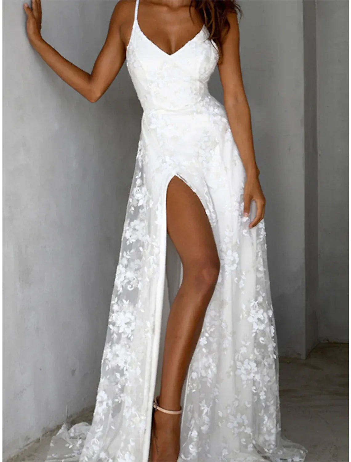 Romantic Mermaid V Neck Spaghetti Strap Low Back Floor Wedding Dress