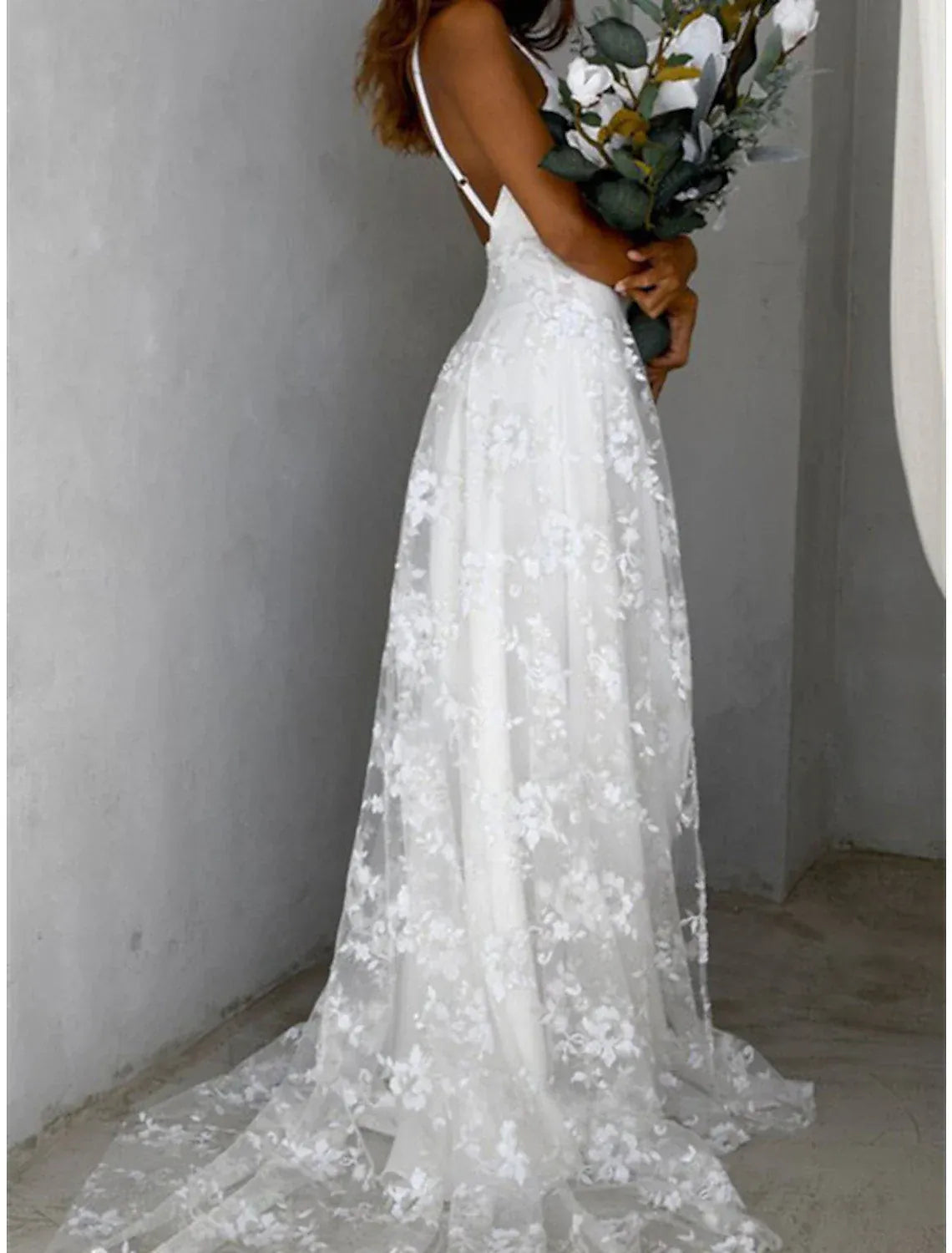 Romantic Mermaid V Neck Spaghetti Strap Low Back Floor Wedding Dress