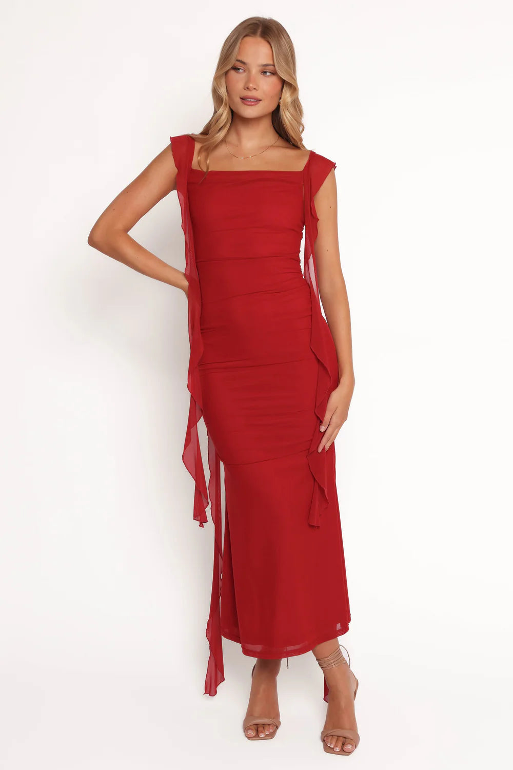 Romantic Midi Square-Neck Flowy-Trim Ruched Mermaid Wedding Guest Dress