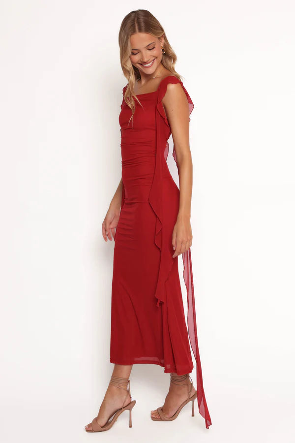 Romantic Midi Square-Neck Flowy-Trim Ruched Mermaid Wedding Guest Dress