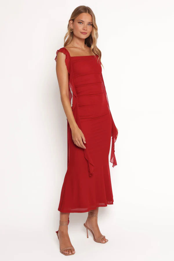 Romantic Midi Square-Neck Flowy-Trim Ruched Mermaid Wedding Guest Dress