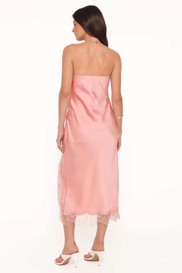 Romantic Midi Strapless Lace-Trimmed Asymmetrical Wedding Guest Dress
