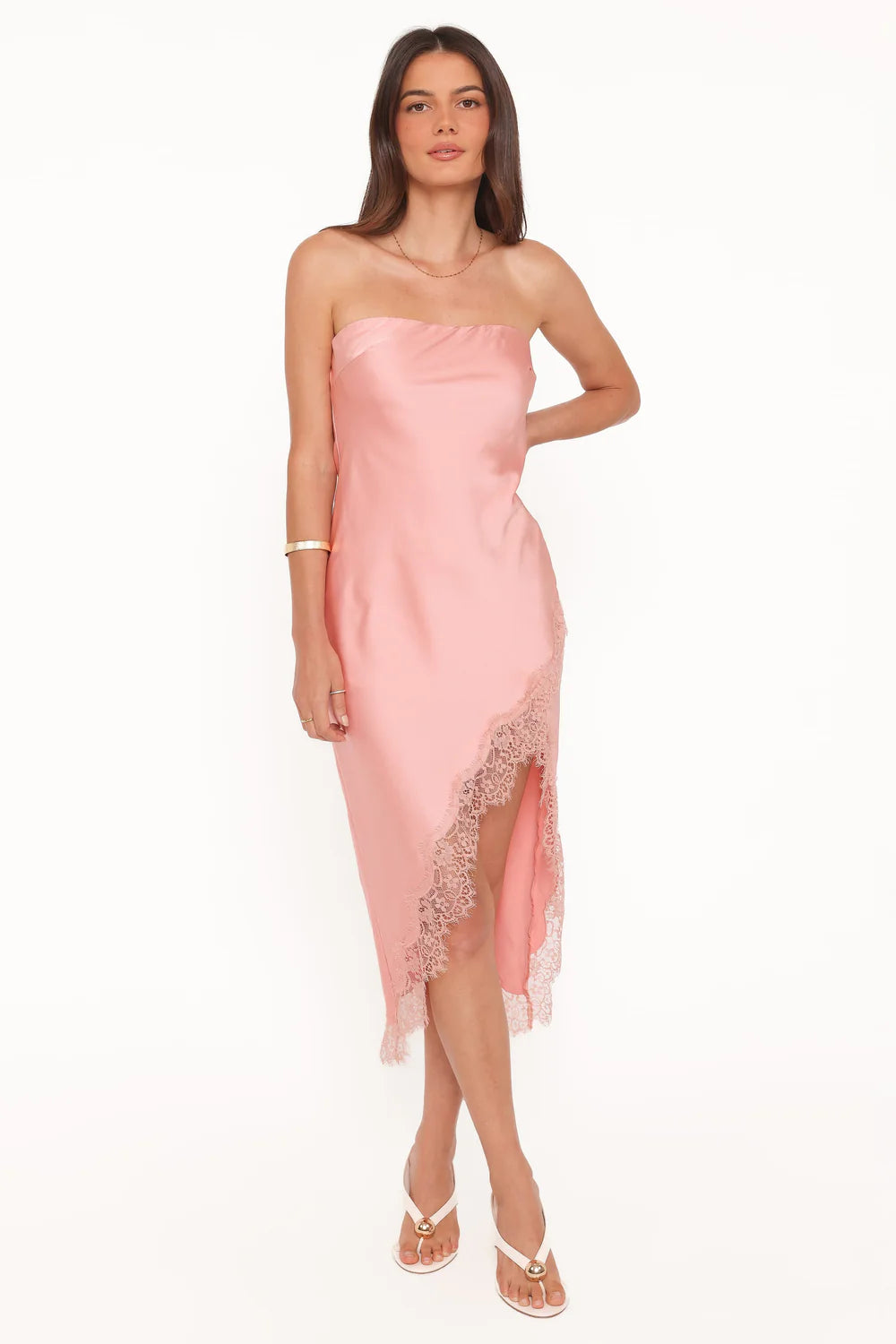 Romantic Midi Strapless Lace-Trimmed Asymmetrical Wedding Guest Dress