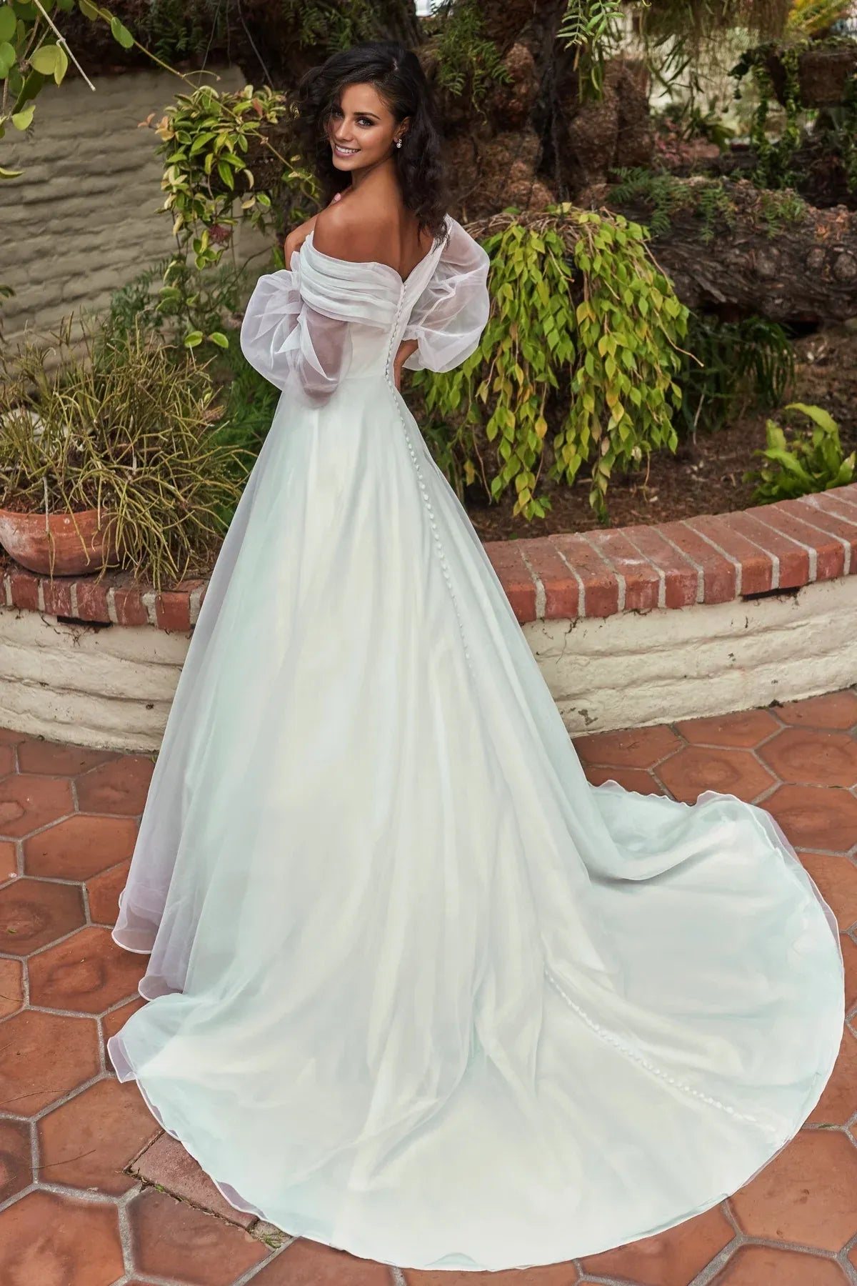 Romantic Off‑The‑Shoulder A‑Line Puffy‑Sheer‑Long‑Sleeve Pearl‑Button‑Back Organza Floor‑Length Wedding Dresses For Garden‑Villa Wedding