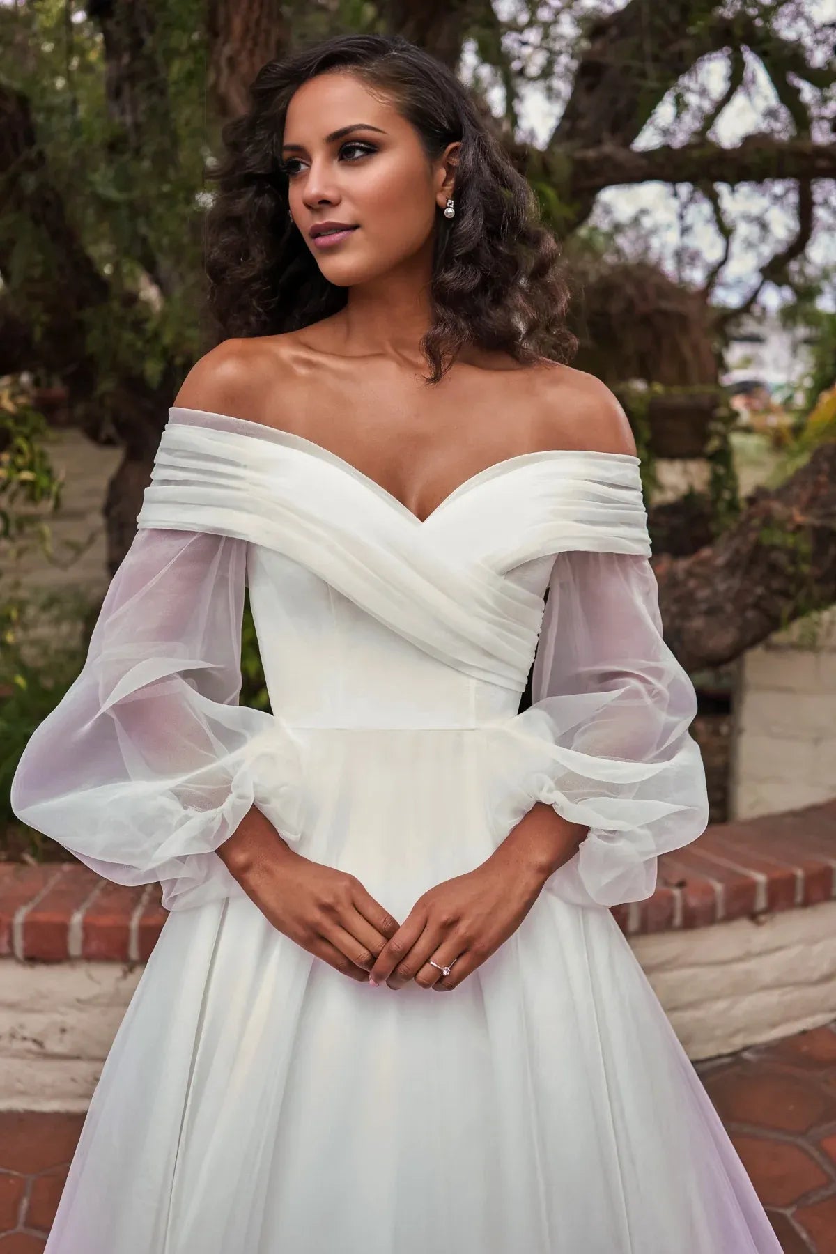 Romantic Off‑The‑Shoulder A‑Line Puffy‑Sheer‑Long‑Sleeve Pearl‑Button‑Back Organza Floor‑Length Wedding Dresses For Garden‑Villa Wedding
