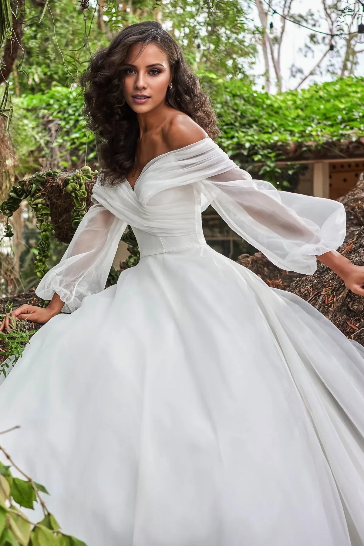 Romantic Off‑The‑Shoulder A‑Line Puffy‑Sheer‑Long‑Sleeve Pearl‑Button‑Back Organza Floor‑Length Wedding Dresses For Garden‑Villa Wedding