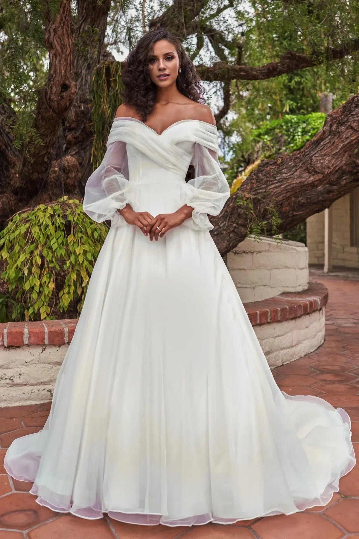 Romantic Off‑The‑Shoulder A‑Line Puffy‑Sheer‑Long‑Sleeve Pearl‑Button‑Back Organza Floor‑Length Wedding Dresses For Garden‑Villa Wedding