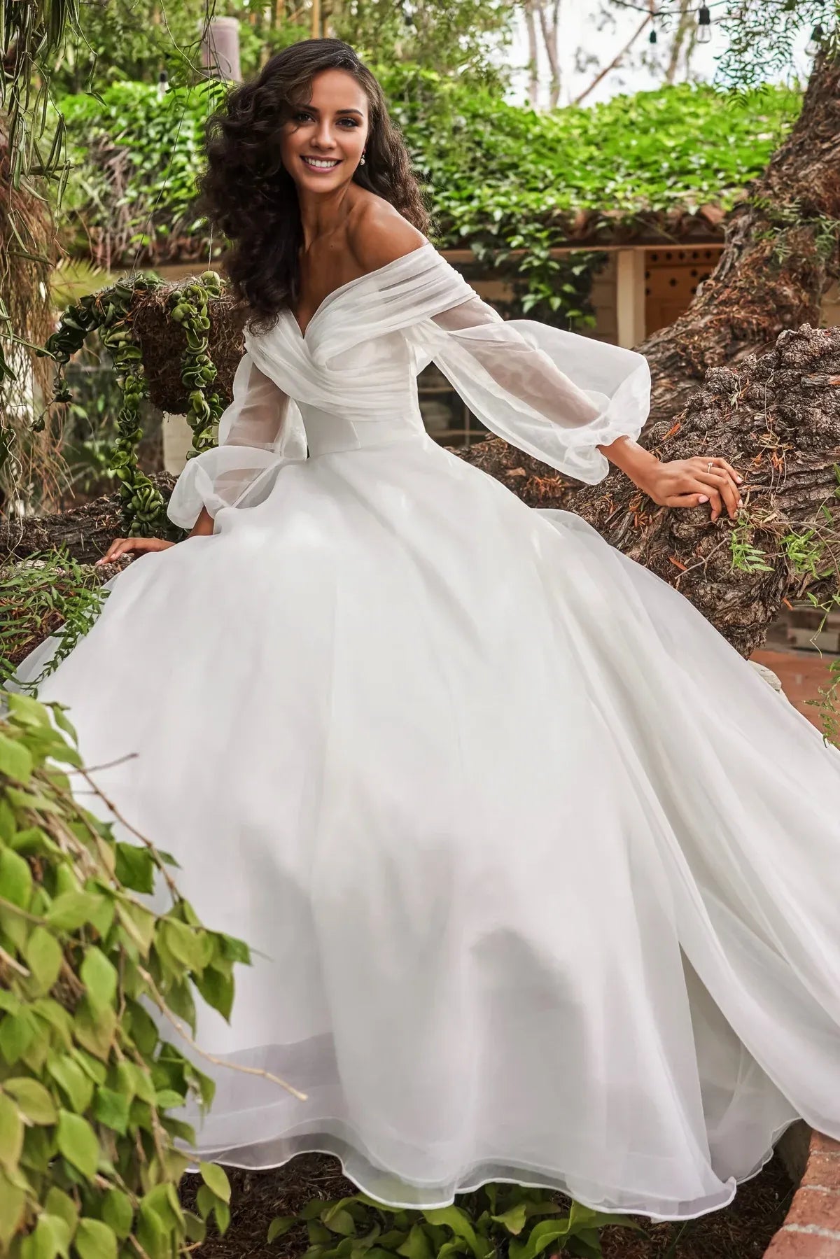 Romantic Off‑The‑Shoulder A‑Line Puffy‑Sheer‑Long‑Sleeve Pearl‑Button‑Back Organza Floor‑Length Wedding Dresses For Garden‑Villa Wedding