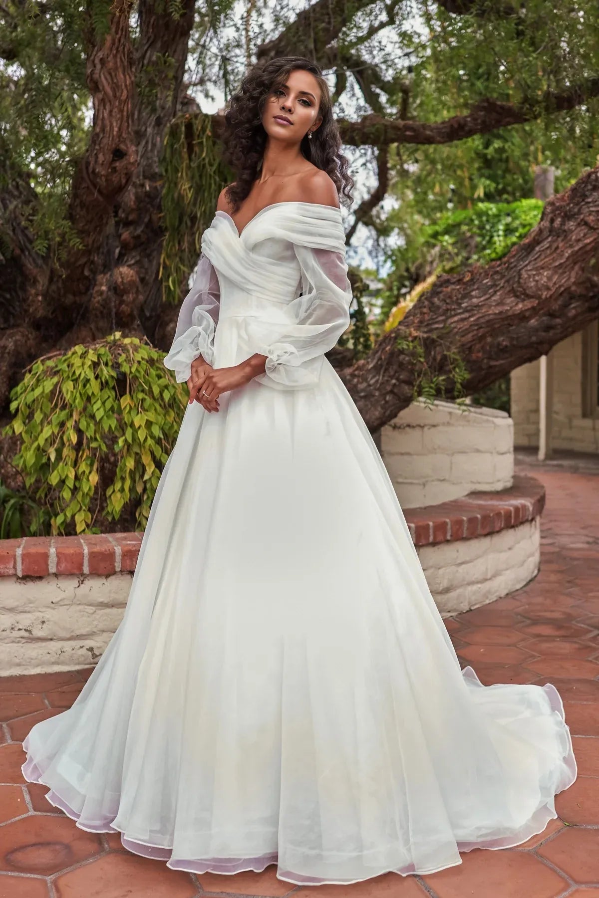 Romantic Off‑The‑Shoulder A‑Line Puffy‑Sheer‑Long‑Sleeve Pearl‑Button‑Back Organza Floor‑Length Wedding Dresses For Garden‑Villa Wedding