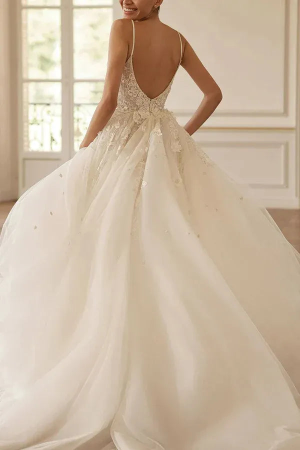 Romantic Plunging Spaghetti-Strap A-Line Floor-Length Wedding Dress