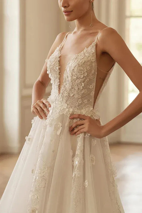 Romantic Plunging Spaghetti-Strap A-Line Floor-Length Wedding Dress