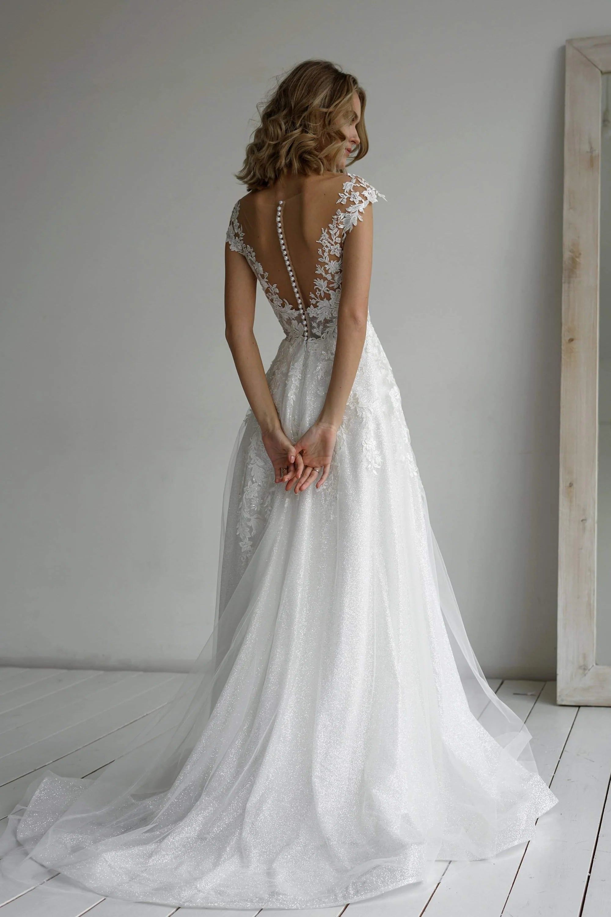 Romantic A Line V Neck Cap Sleeves Sheer Back Sweep/Brush Train Wedding Dress