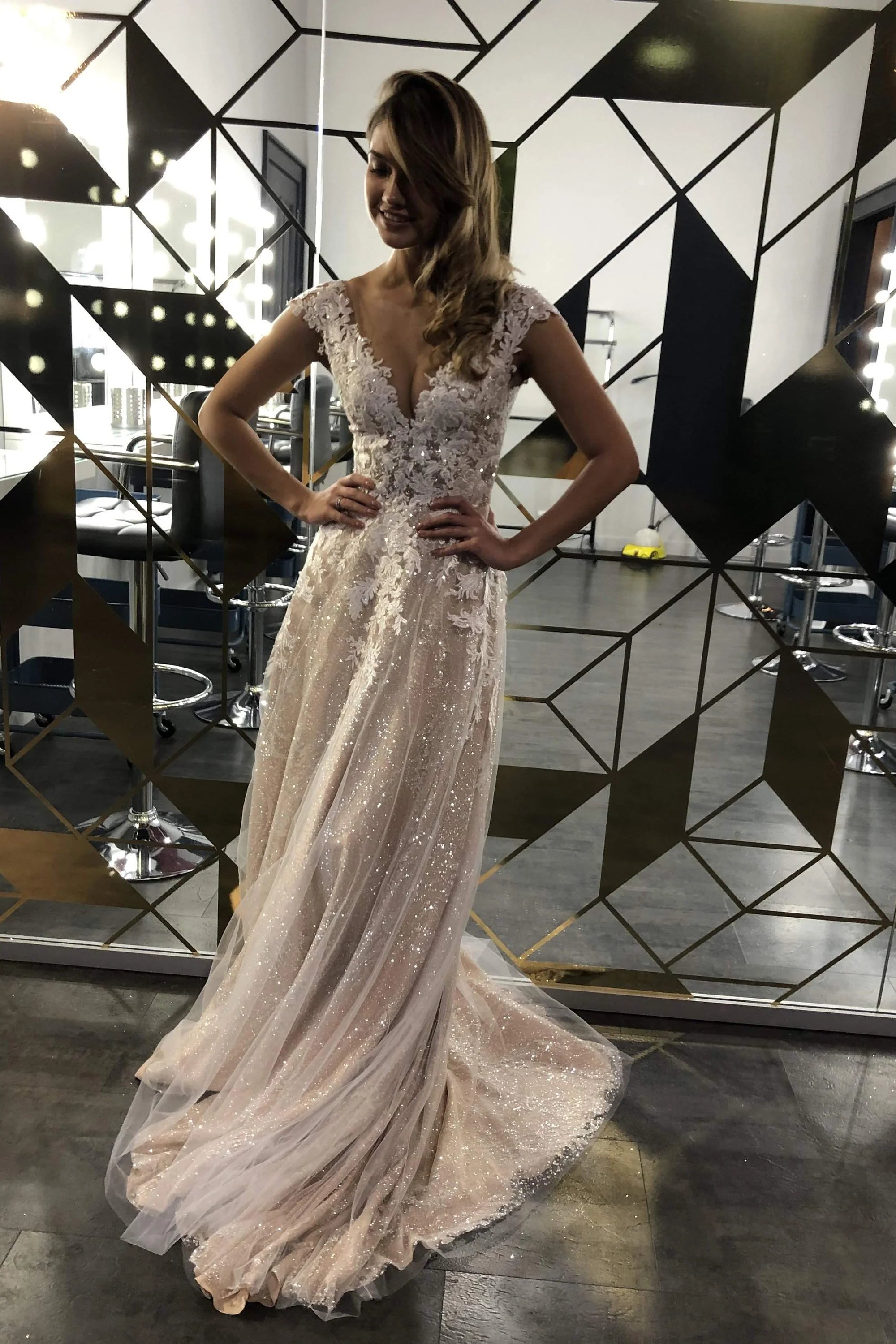 Romantic A Line V Neck Cap Sleeves Sheer Back Sweep/Brush Train Wedding Dress