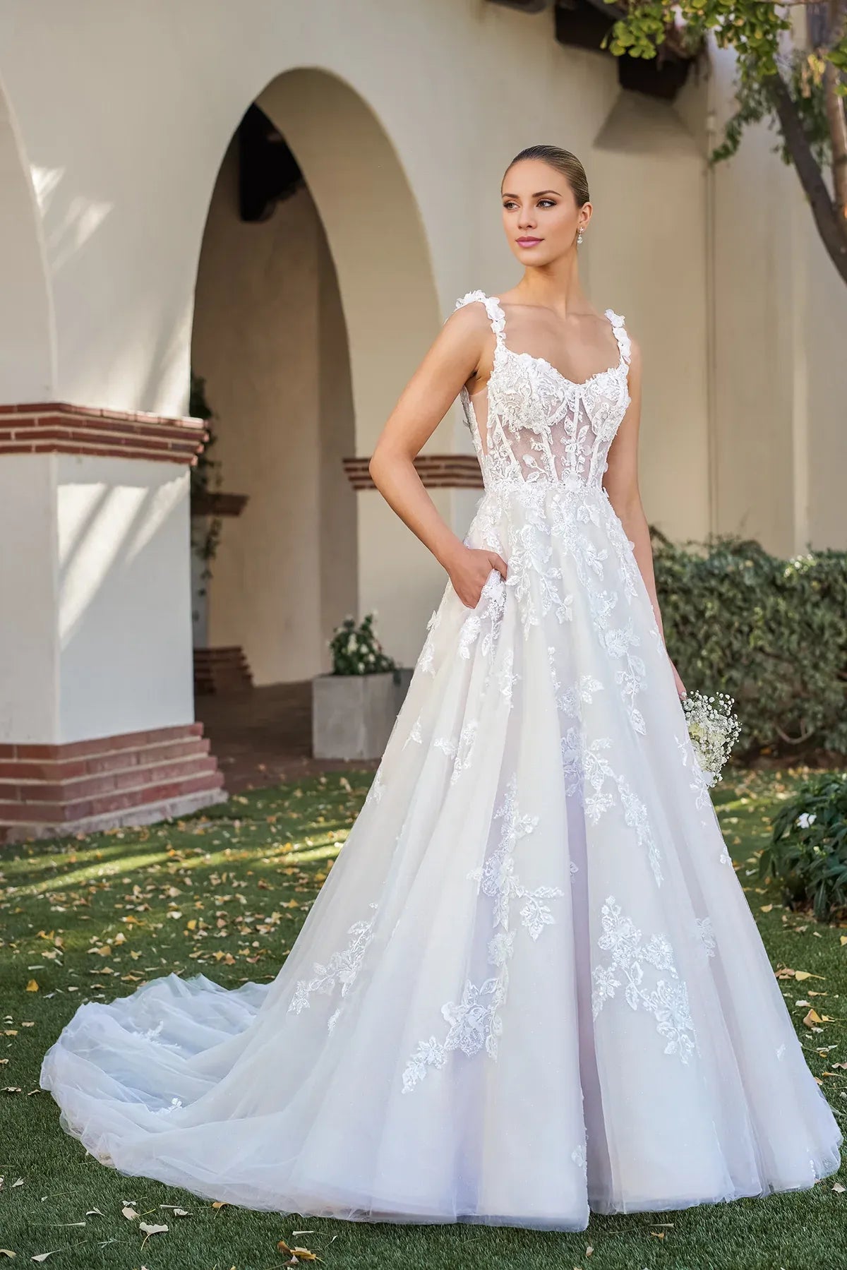 Romantic 3D Floral Lace Tulle Spaghetti Strap A‑Line Low Back Pocket Wedding Dress