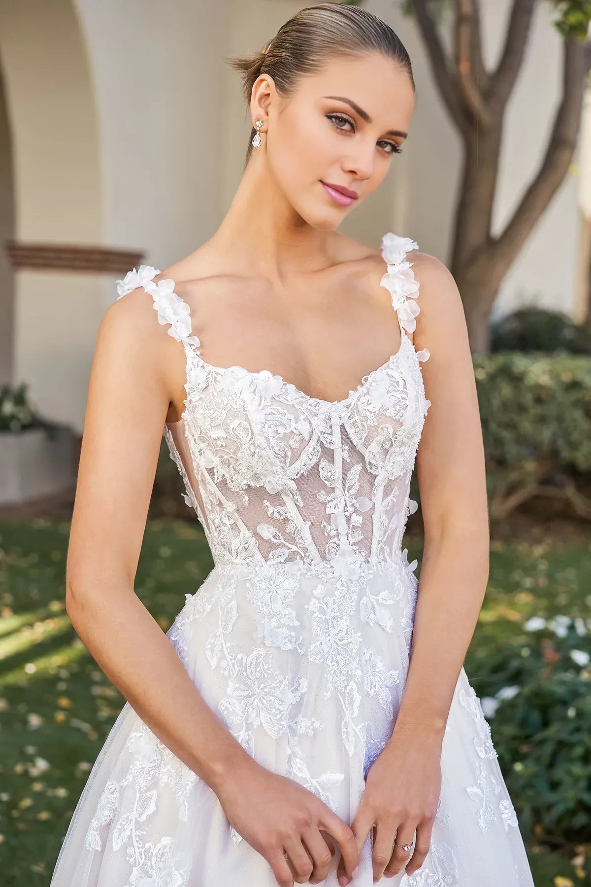 Romantic 3D Floral Lace Tulle Spaghetti Strap A‑Line Low Back Pocket Wedding Dress