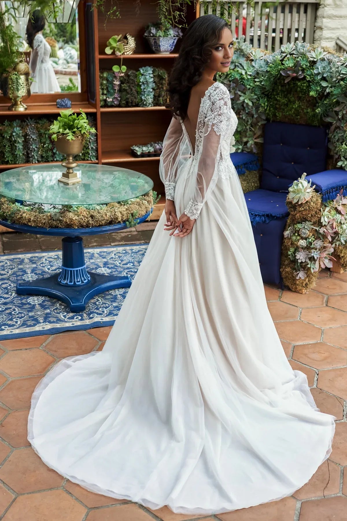 Romantic A‑Line Deep V Neck Long Puff Sleeve Low V Back Floor Garden Wedding Dress