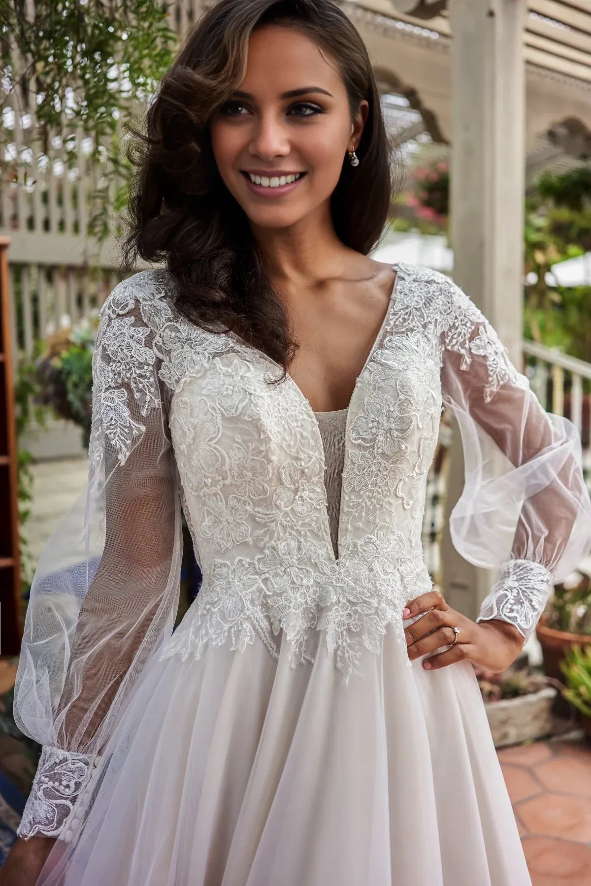 Romantic A‑Line Deep V Neck Long Puff Sleeve Low V Back Floor Garden Wedding Dress