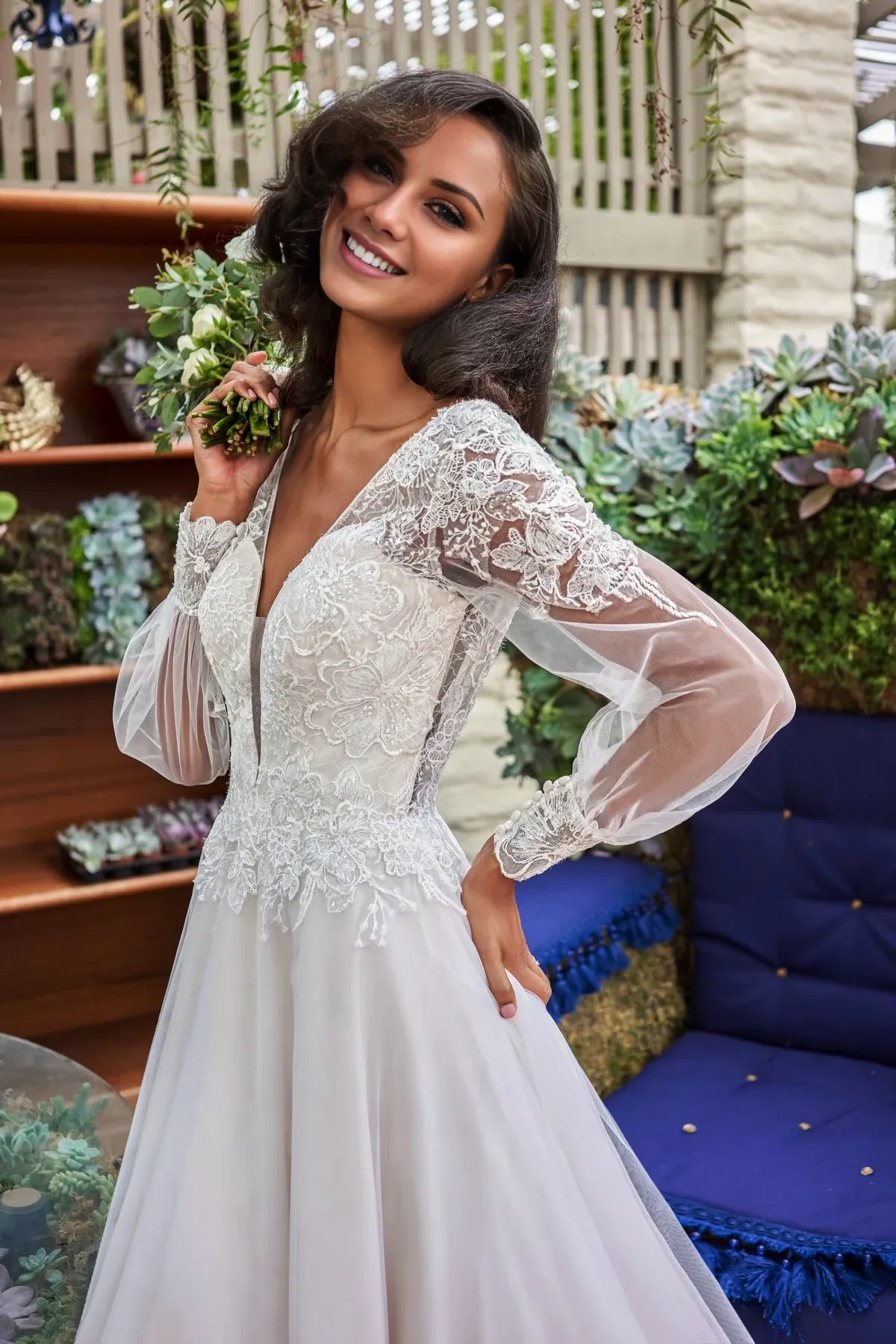 Romantic A‑Line Deep V Neck Long Puff Sleeve Low V Back Floor Garden Wedding Dress