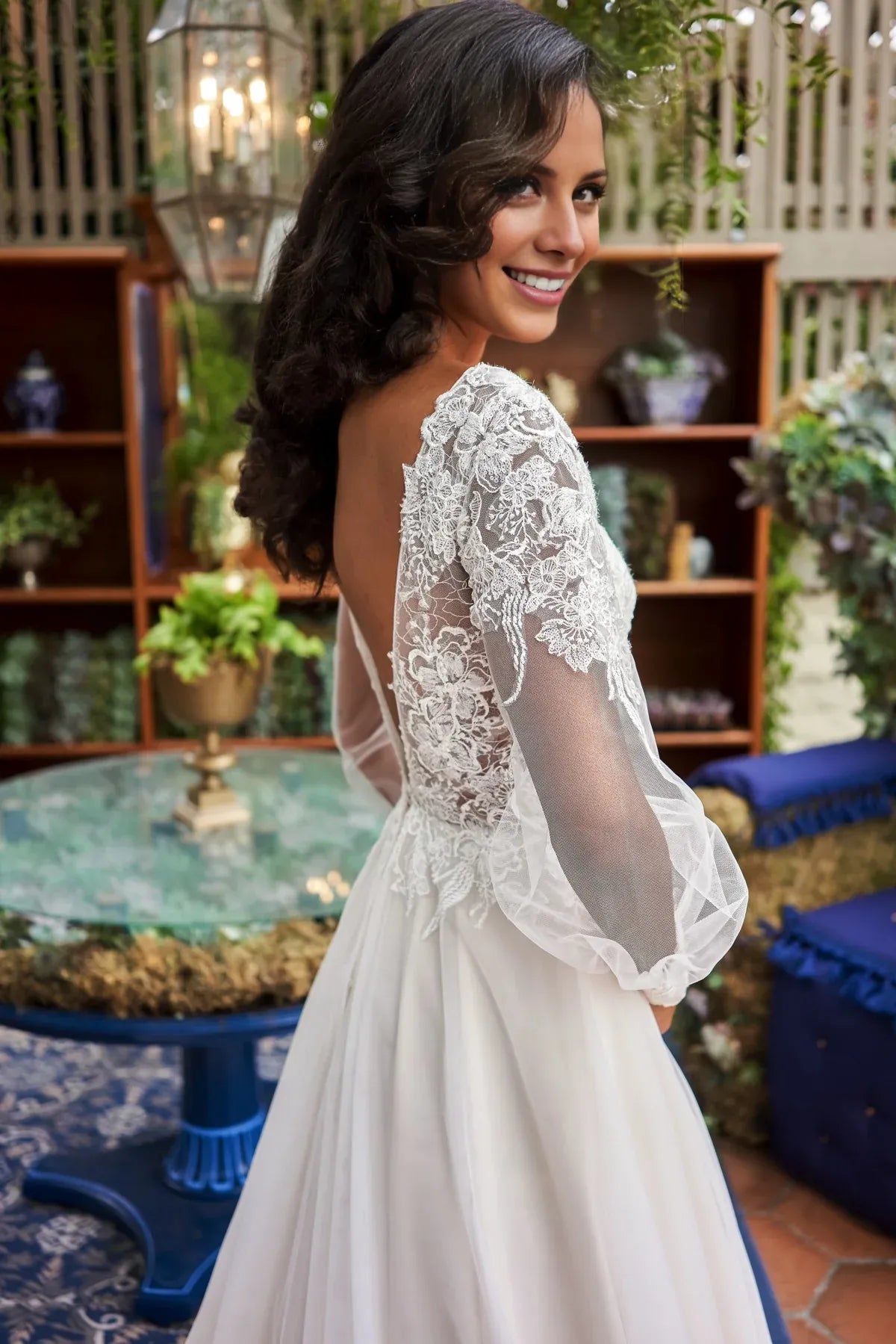 Romantic A‑Line Deep V Neck Long Puff Sleeve Low V Back Floor Garden Wedding Dress