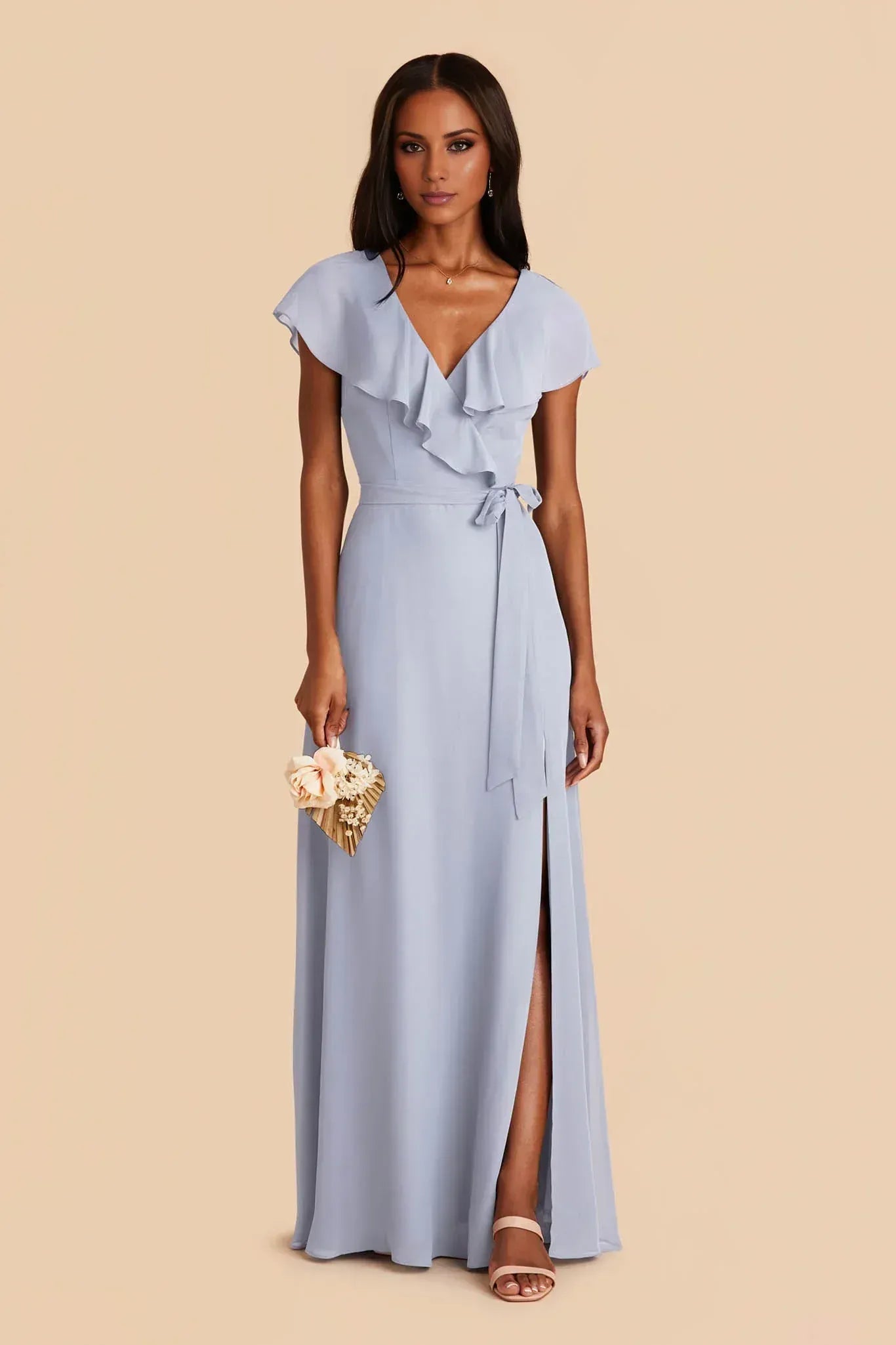 Romantic A‑Line Ruffle V‑Neck Flutter Sleeve Tie‑Waist Low V‑Back Floor‑Length Wedding Bridesmaid Dress
