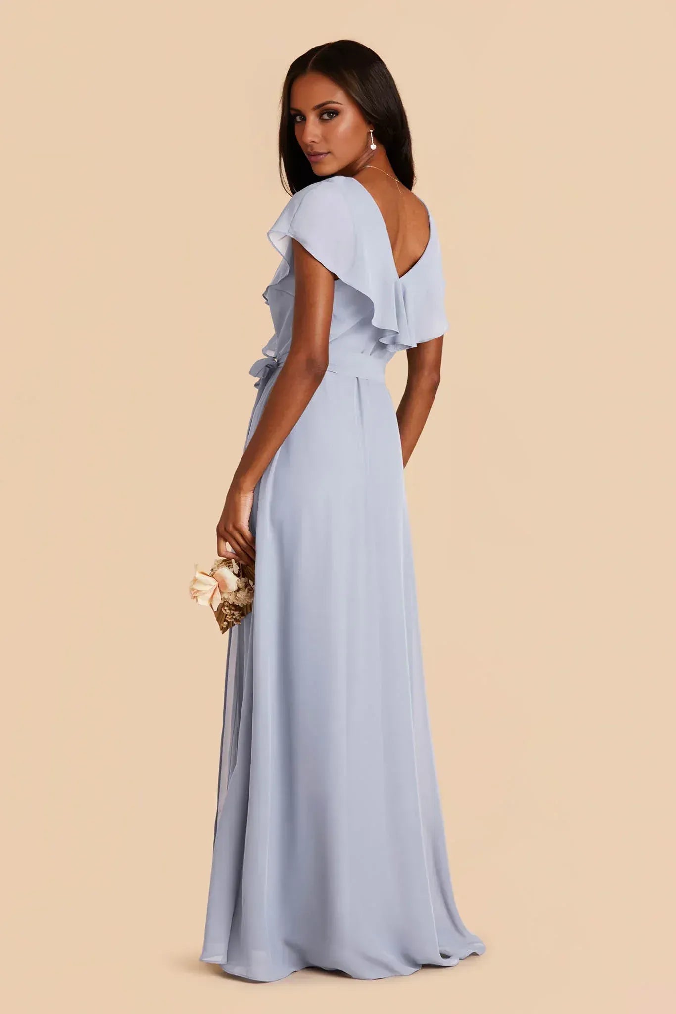 Romantic A‑Line Ruffle V‑Neck Flutter Sleeve Tie‑Waist Low V‑Back Floor‑Length Wedding Bridesmaid Dress