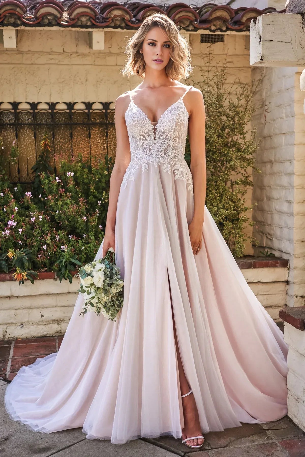 Romantic A‑Line Spaghetti Strap Deep V Low Back Slit Blush Garden Wedding Dress