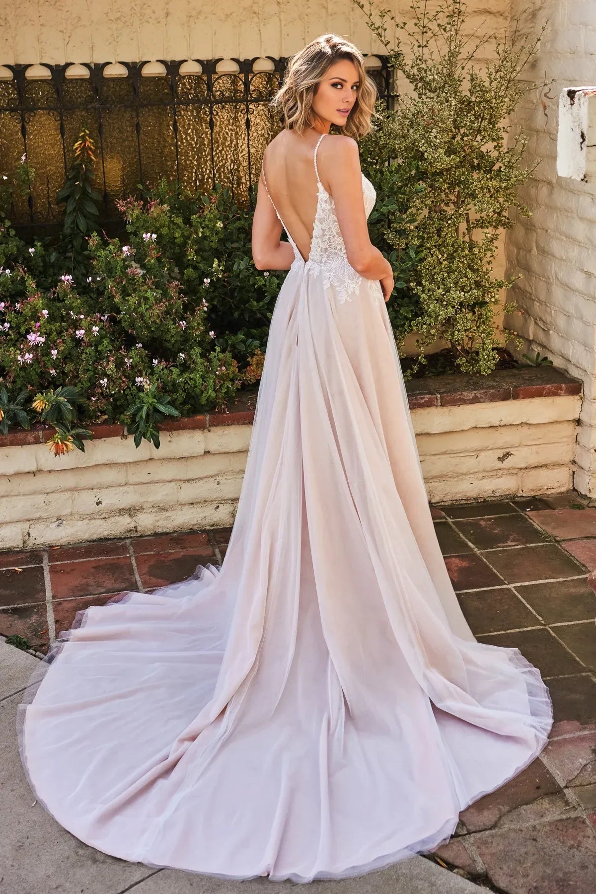 Romantic A‑Line Spaghetti Strap Deep V Low Back Slit Blush Garden Wedding Dress