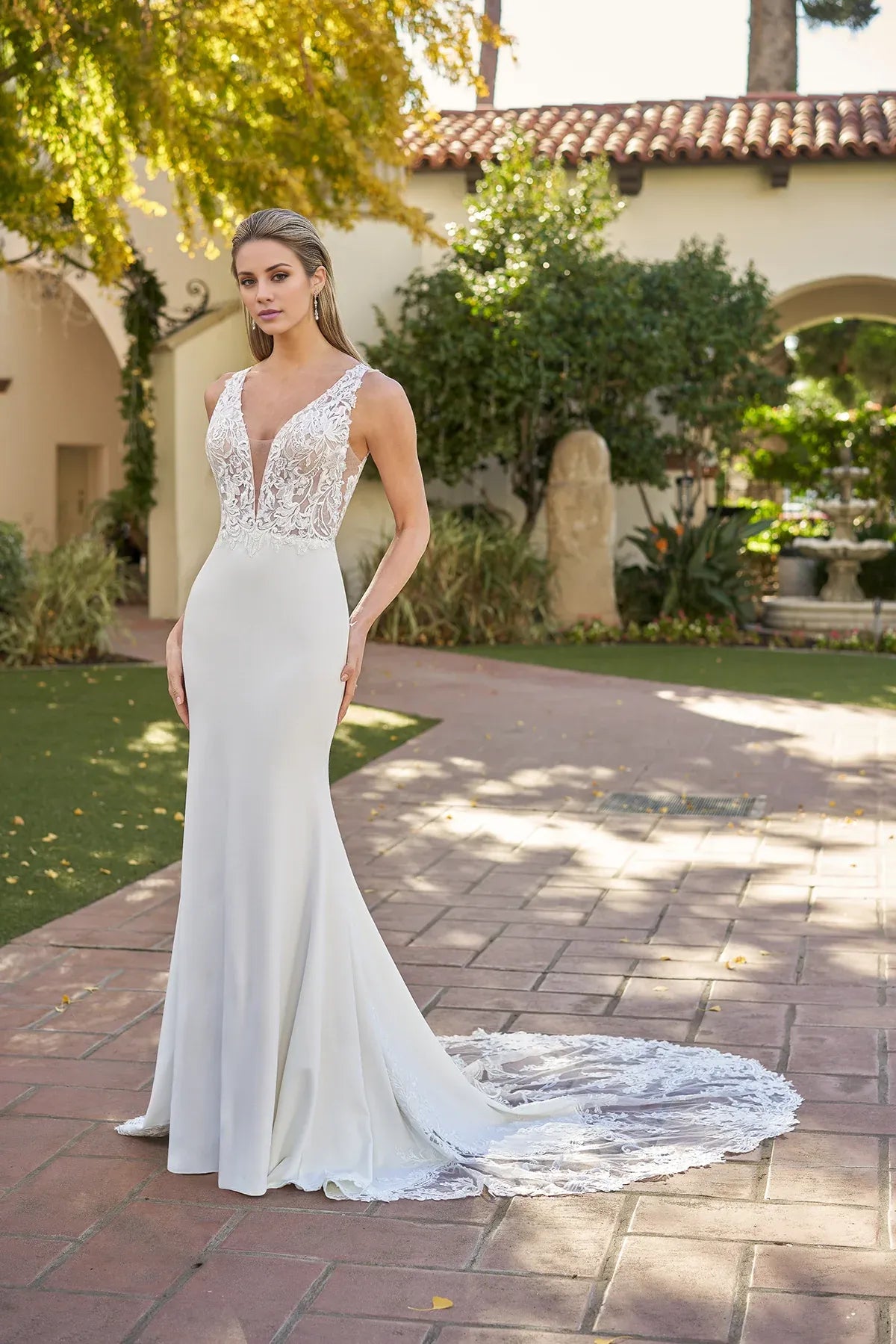 Romantic Deep V Lace Crepe Mermaid Low Back Long Train Garden Wedding Dress