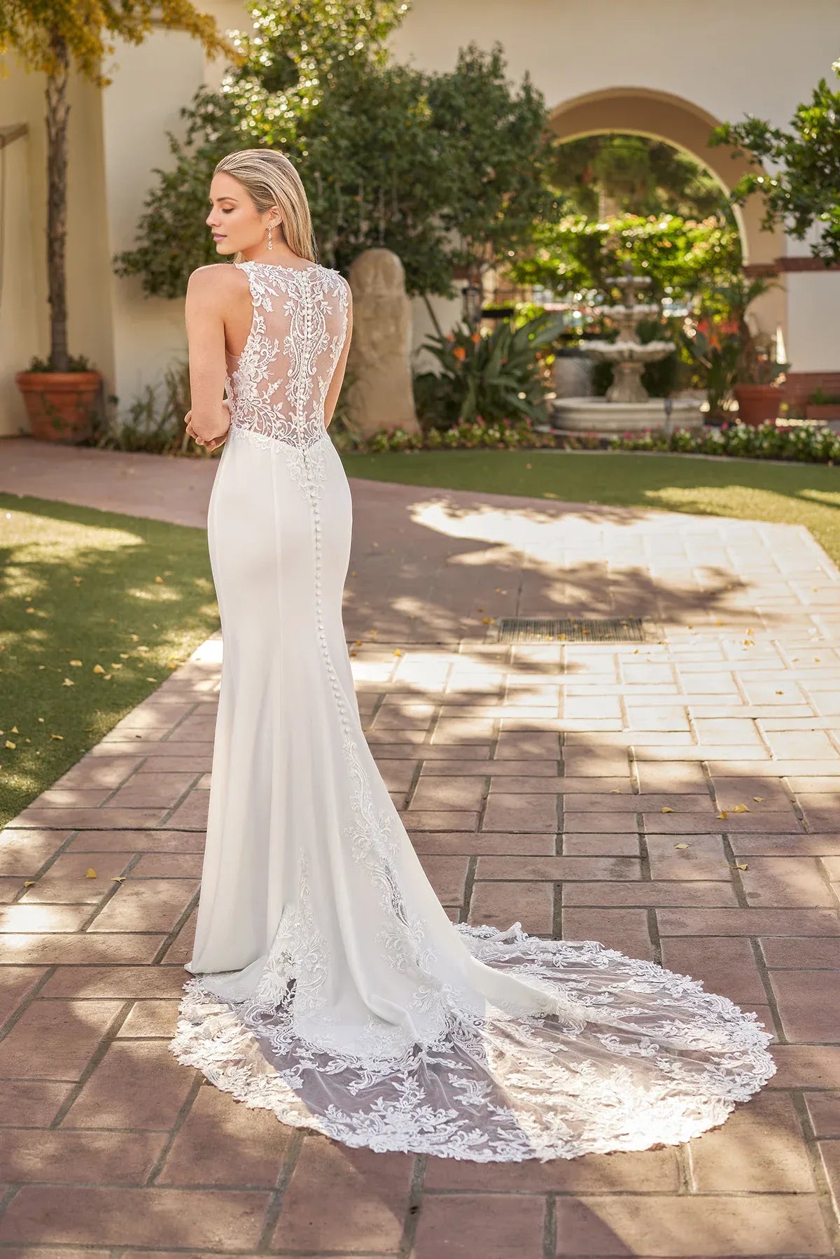 Romantic Deep V Lace Crepe Mermaid Low Back Long Train Garden Wedding Dress