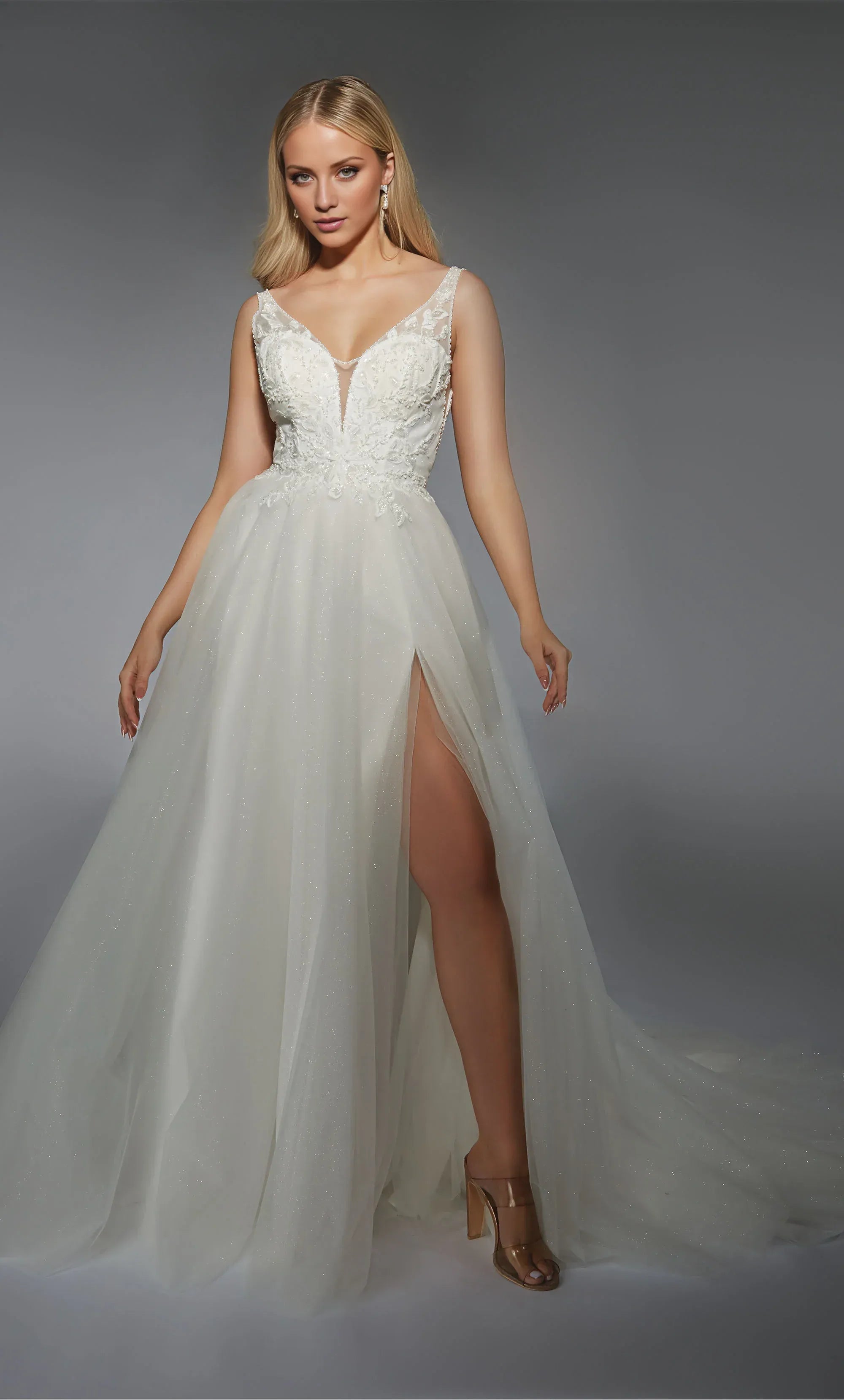Romantic Deep‑V Spaghetti‑Strap Glitter‑Tulle A‑Line High‑Slit Low‑Back Wedding Dress