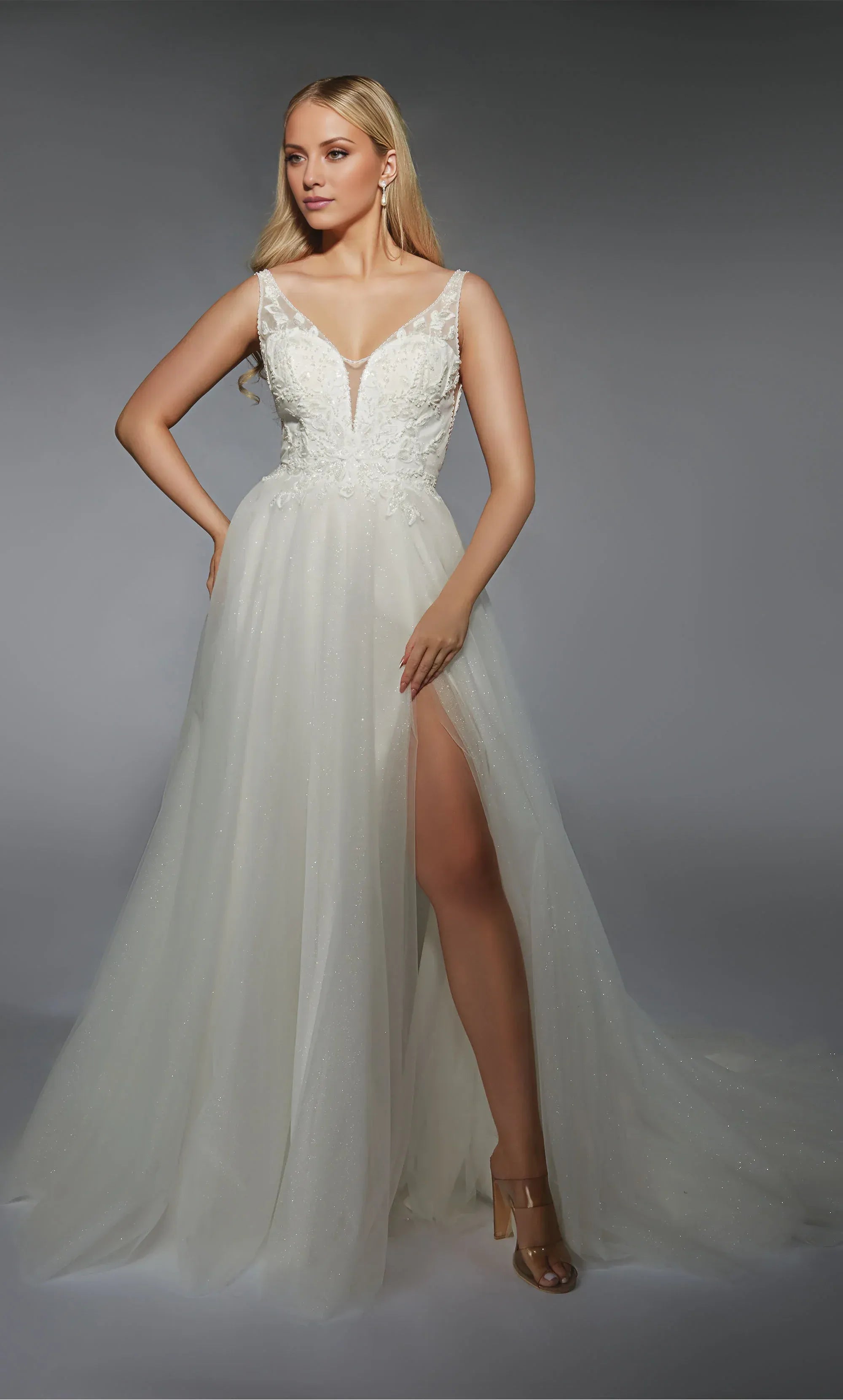 Romantic Deep‑V Spaghetti‑Strap Glitter‑Tulle A‑Line High‑Slit Low‑Back Wedding Dress