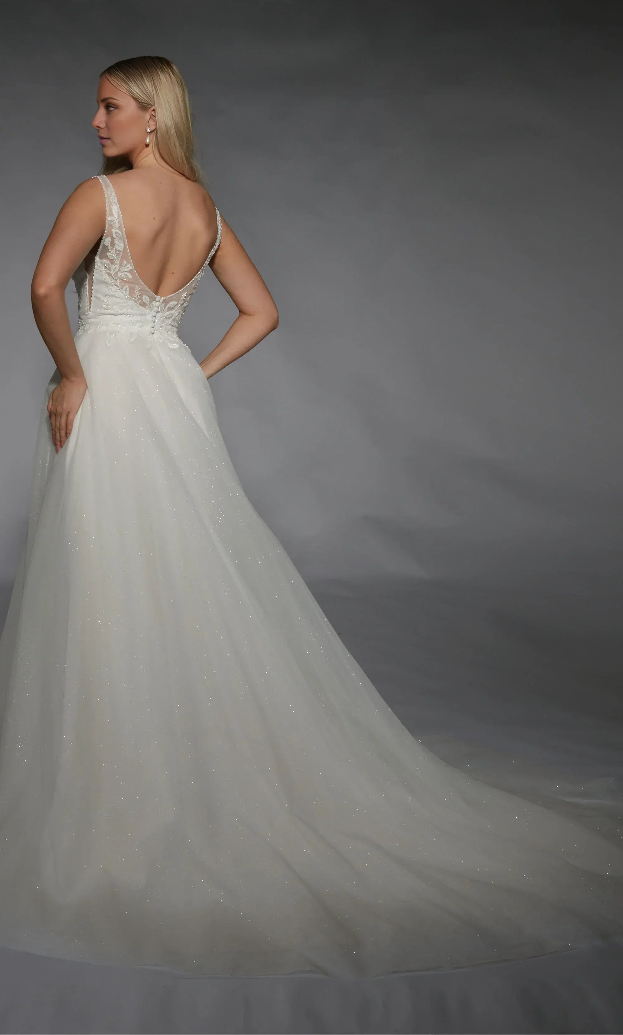 Romantic Deep‑V Spaghetti‑Strap Glitter‑Tulle A‑Line High‑Slit Low‑Back Wedding Dress