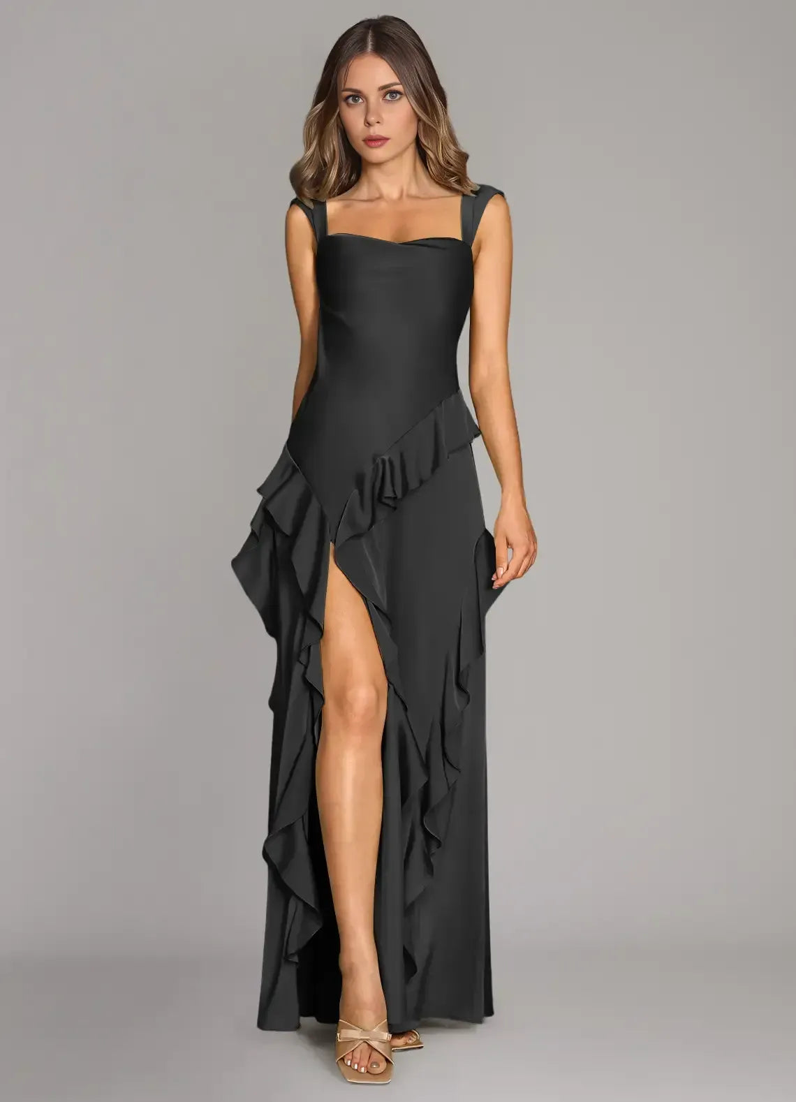 Romantic Mermaid Ruffle Square‑Neck Wide‑Strap Low‑Back Floor‑Length Evening Bridesmaid Dress
