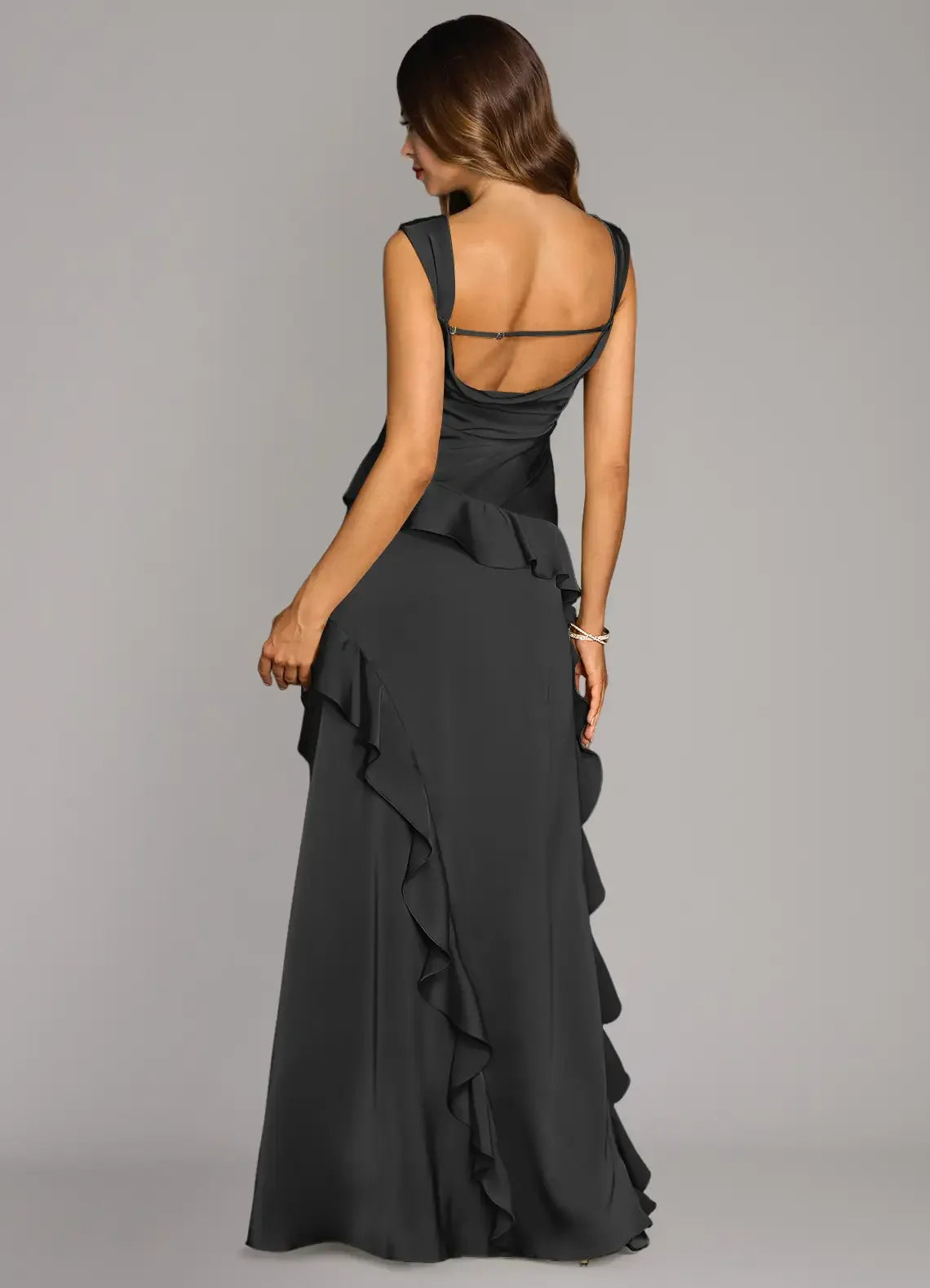 Romantic Mermaid Ruffle Square‑Neck Wide‑Strap Low‑Back Floor‑Length Evening Bridesmaid Dress