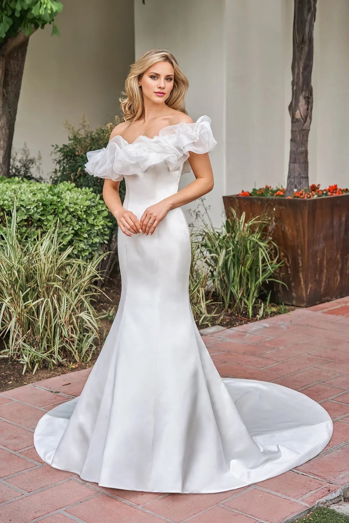 Romantic Off‑the‑Shoulder Organza Ruffle Satin Mermaid Low Back Pearl Train Garden Wedding Dress